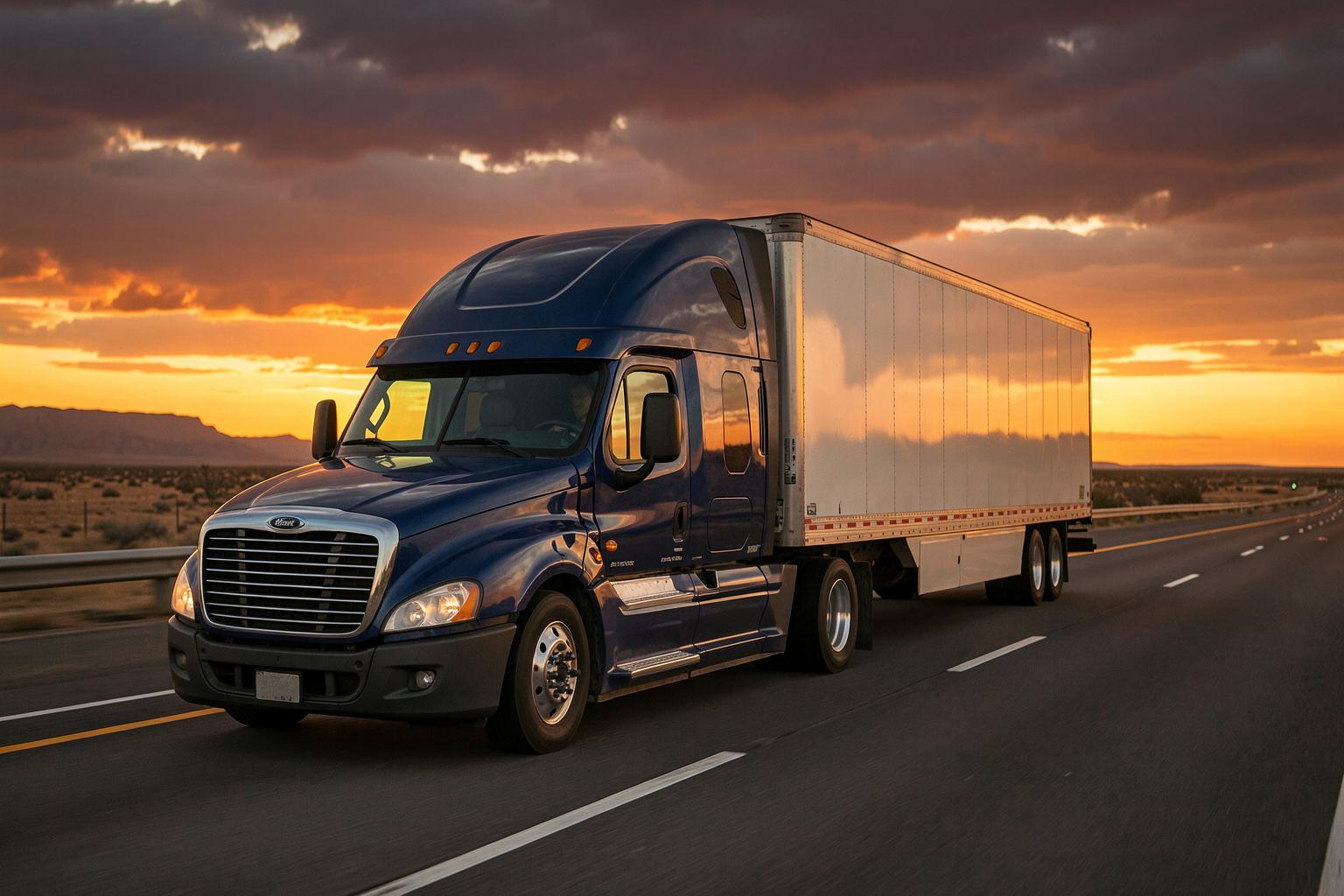 A refrigerated semi truck hauling down the highway at dusk
