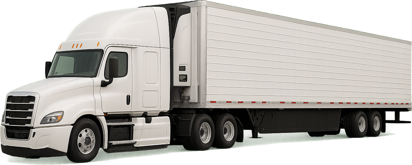 A standard white refrigerated tractor-trailer on the open highway